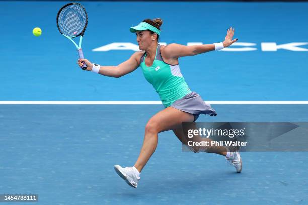Danka Kovinic of Montenegro plays a forehand in her singles semifinal against Coco Gauff of the USA during day six of the 2023 ASB Classic Women's at...