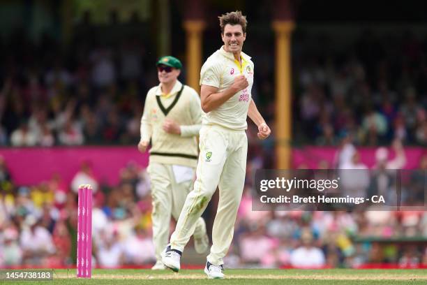 Pat Cummins of Australia celebrates after taking the wicket of Heinrich Klaasen of South Africa during day four of the Second Test match in the...