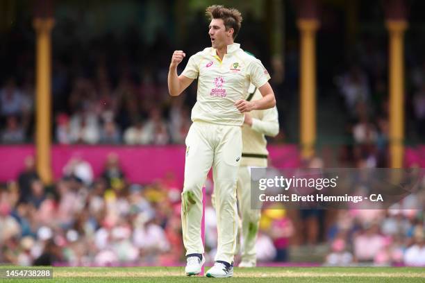 Pat Cummins of Australia celebrates after taking the wicket of Heinrich Klaasen of South Africa during day four of the Second Test match in the...