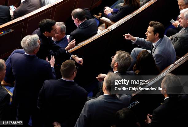 Rep.-elect Matt Gaetz talks to John Leganski, Deputy Chief of Staff for House Republican Leader Kevin McCarthy , as McCarthy stands next to him in...