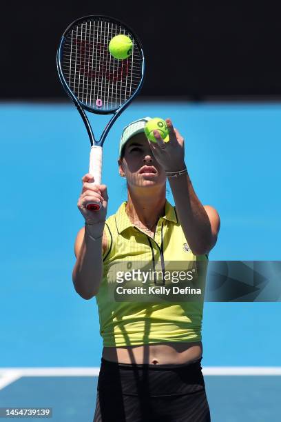 Ajla Tomljanovic of Australia in action during a practice session ahead of the 2023 Australian Open at Melbourne Park on January 07, 2023 in...