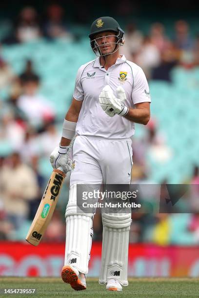 Sarel Erwee of South Africa shows his frustration after getting dismissed by Nathan Lyon of Australia during day four of the Third Test match in the...