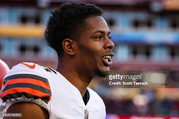 Greedy Williams of the Cleveland Browns reacts after a play against the Washington Commanders during the second half of the game at FedExField on...