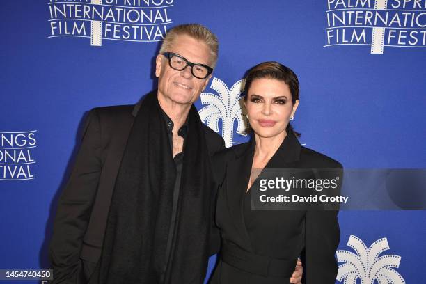 Harry Hamlin and Lisa Rinna attend the 2023 Palm Springs International Film Festival: World Premiere of "80 For Brady" at Palm Springs High School on...