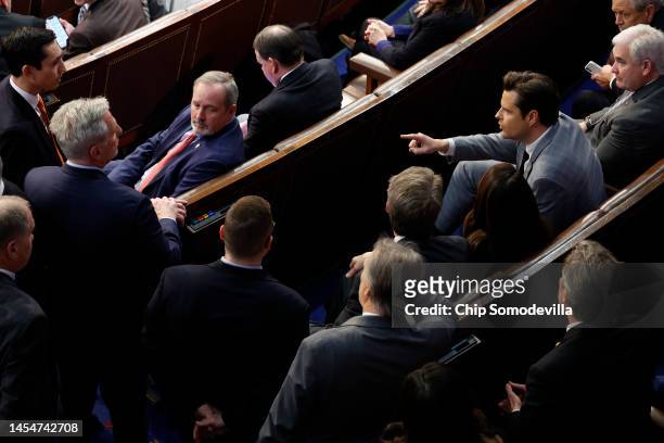 Rep.-elect Matt Gaetz talks to House Republican Leader Kevin McCarthy and his Deputy Chief of Staff John Leganski, in the House Chamber during the...