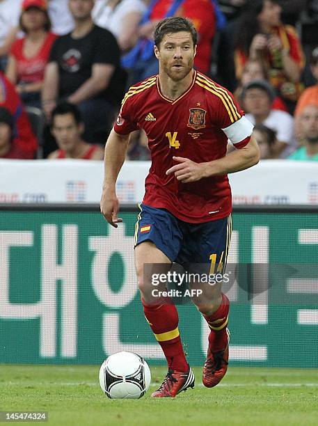 Spain's national football team player Xabi Alonso looks on during the international friendly football match between Spain and South Korea at the...