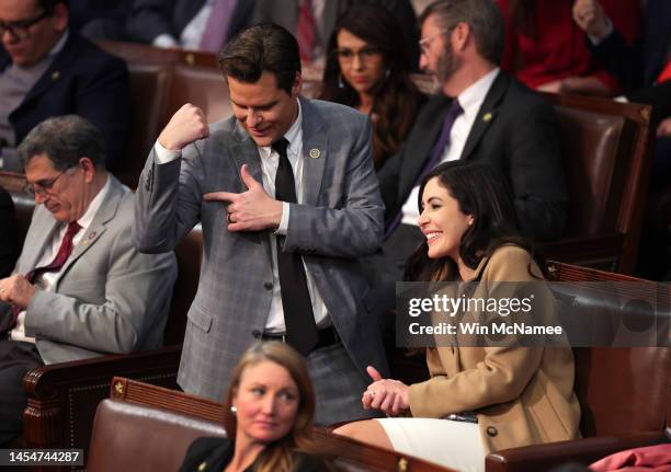 Rep.-elect Matt Gaetz flexes his arm alongside Rep.-elect Anna Paulina Luna after getting into an argument with Rep.-elect Mike Rogers in the House...