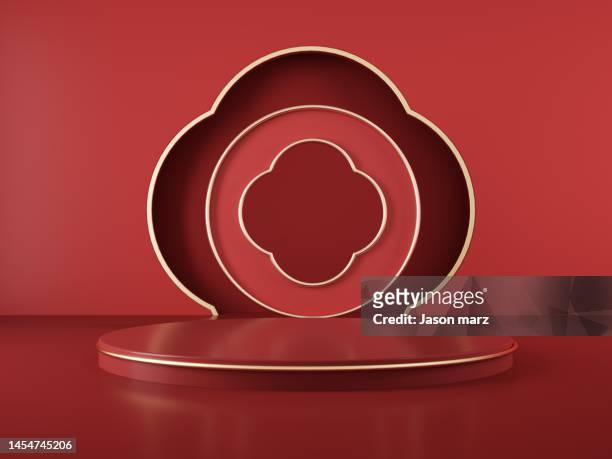 3d rendering  for chinese new year red exhibition background - chinese wall stockfoto's en -beelden