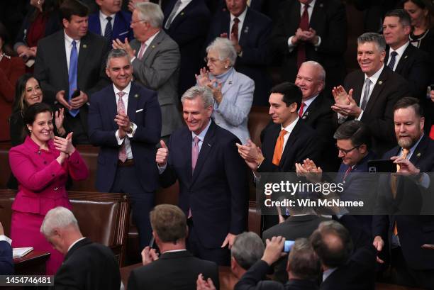 House Republican Leader Kevin McCarthy gives a thumbs-up after being elected Speaker of the House in the House Chamber at the U.S. Capitol Building...