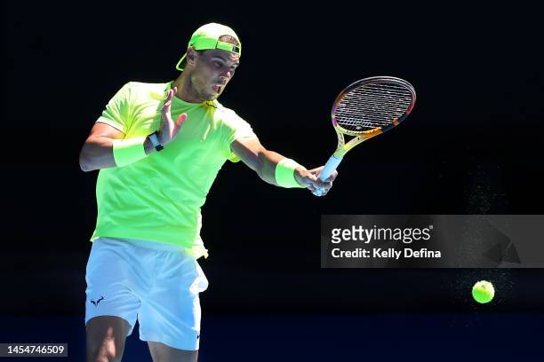 Rafael Nadal of Spain plays a forehand during a practice session ahead of the 2023 Australian Open at Melbourne Park on January 07, 2023 in...