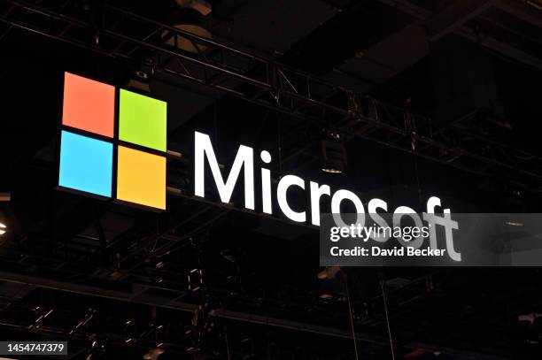Microsoft Corporation booth signage is displayed at CES 2023 at the Las Vegas Convention Center on January 6, 2023 in Las Vegas, Nevada. CES, the...
