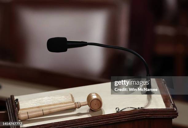 The Speaker's gavel rests on the podium after Republican Leader Kevin McCarthy is elected Speaker of the House in the House Chamber at the U.S....