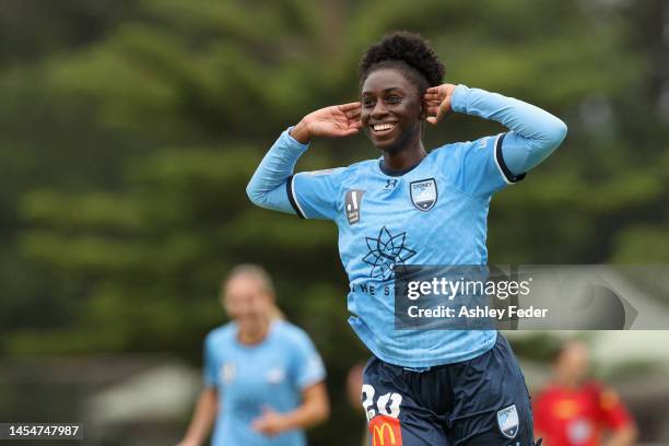 Princess Ibini celebrates her goal during the round nine A-League Women's match between Newcastle Jets and Sydney FC at No. 2 Sports Ground, on...