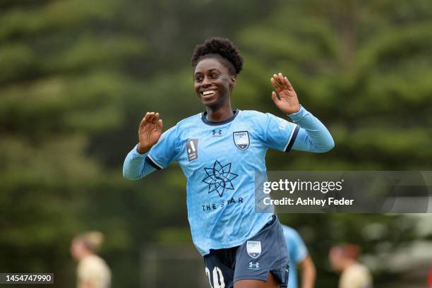 Princess Ibini celebrates her goal during the round nine A-League Women's match between Newcastle Jets and Sydney FC at No. 2 Sports Ground, on...