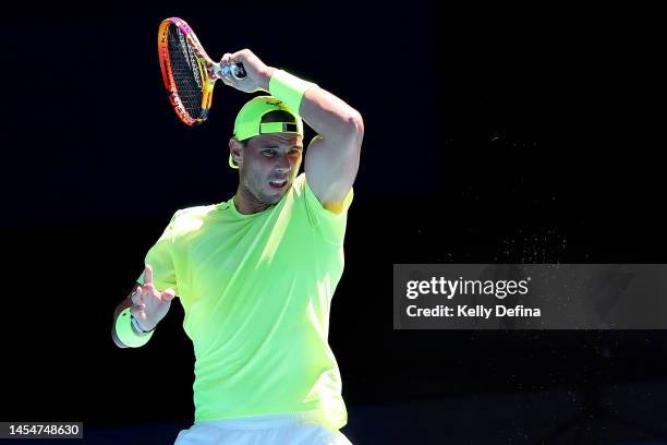 Rafael Nadal of Spain plays a forehand during a practice session ahead of the 2023 Australian Open at Melbourne Park on January 07, 2023 in...