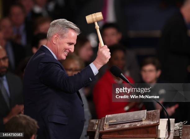 Speaker of the House Kevin McCarthy celebrates with the gavel after being elected in the House Chamber at the U.S. Capitol Building on January 07,...