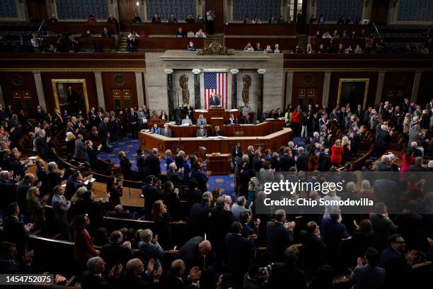 Speaker of the House Kevin McCarthy delivers remarks after being elected as Speaker in the House Chamber at the U.S. Capitol Building on January 07,...