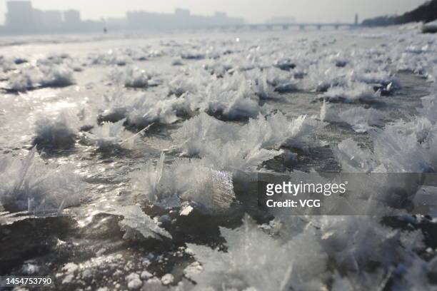 Ice crystals float on the water surface of Mudanjiang River on January 6, 2023 in Mudanjiang, Heilongjiang Province of China.