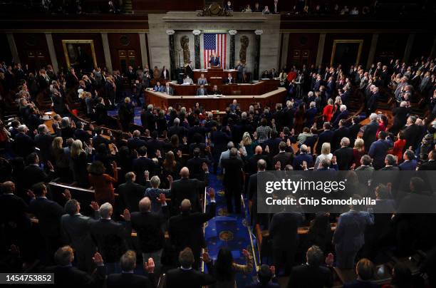 Speaker of the House Kevin McCarthy swears-in members of the 118th Congress in the House Chamber at the U.S. Capitol Building on January 07, 2023 in...