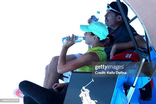 Ajla Tomljanovic of Australia takes a drink break during a practice session ahead of the 2023 Australian Open at Melbourne Park on January 07, 2023...