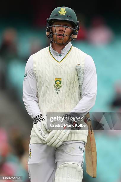 Kyle Verreynne of South Africa leaves the field after getting dismissed during day four of the Third Test match in the series between Australia and...