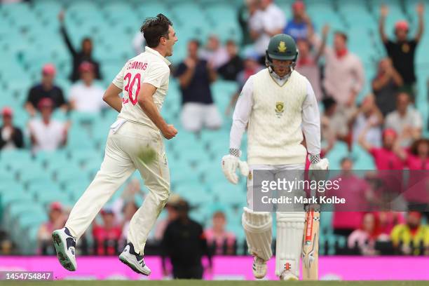 Pat Cummins of Australia celebrates dismissing Kyle Verreynne of South Africa during day four of the Third Test match in the series between Australia...