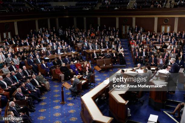 Speaker of the House Kevin McCarthy delivers remarks after being elected as Speaker in the House Chamber at the U.S. Capitol Building on January 07,...