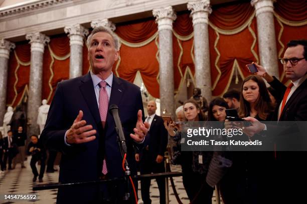 Speaker of the House Kevin McCarthy talks to reporters in Statuary Hall after being elected Speaker in the House Chamber at the U.S. Capitol Building...