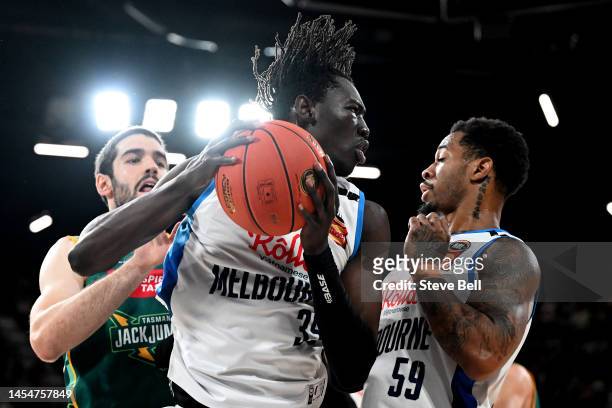 David Okwera of Melbourne United gets the rebound during the round 14 NBL match between Tasmania Jackjumpers and Melbourne United at MyState Bank...