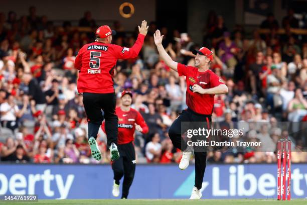 Aaron Finch of the Melbourne and Tom Rogers of the Renegades celebrates the run out of Matthew Wade of the Hobart Hurricanes during the Men's Big...