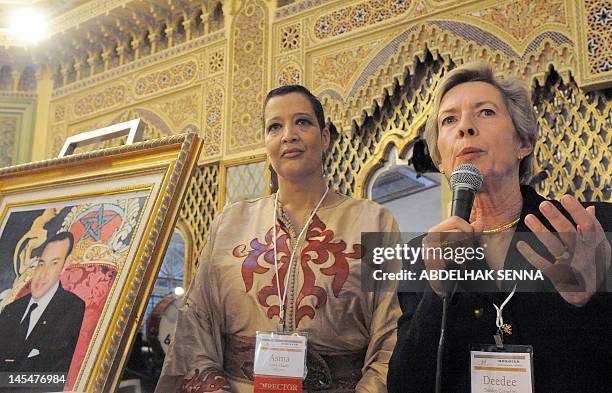 Chile's Monica Rubio , president of the International Women Forum , flanked by Morocco's Asma Chaabi, IWF president for Morocco, speaks during the...