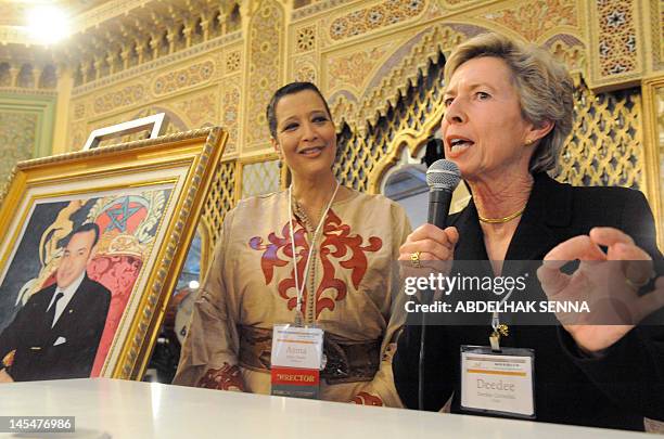 Chile's Monica Rubio , president of the International Women Forum , flanked by Morocco's Asma Chaabi, IWF president for Morocco, speaks during the...