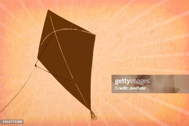 light pastel peach colored scratched grunge textured effect wall with sunburst in background and one big dark brown colour solid three dimensional abstract flying kite with string in the rays with copy space for text - brown twine stock illustrations