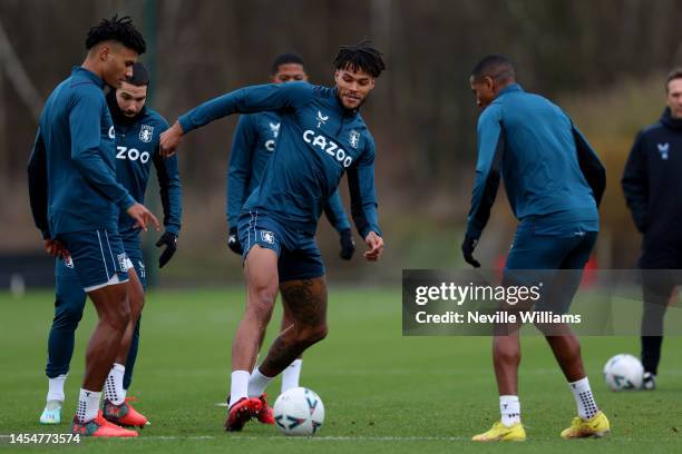 Tyrone Mings of Aston Villa in action during a training session at Bodymoor Heath training ground on January 06, 2023 in Birmingham, England.