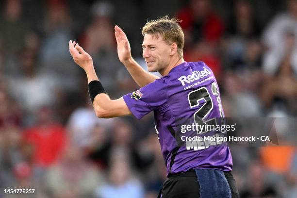 Riley Meredith of the Hurricanes celebrates the wicket of Marcus Harris of the Renegades during the Men's Big Bash League match between the Melbourne...