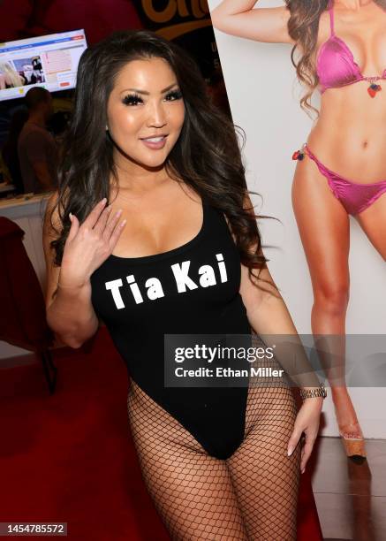 Adult film actress Tia Kai poses at the 2023 AVN Adult Entertainment Expo at Resorts World Las Vegas on January 06, 2023 in Las Vegas, Nevada.