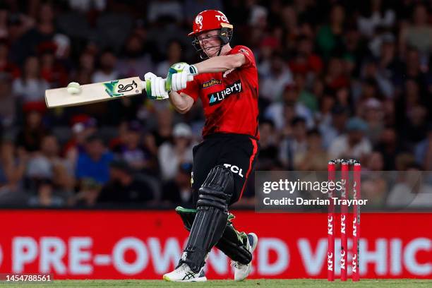 Sam Harper of the Renegades hits a six during the Men's Big Bash League match between the Melbourne Renegades and the Hobart Hurricanes at Marvel...