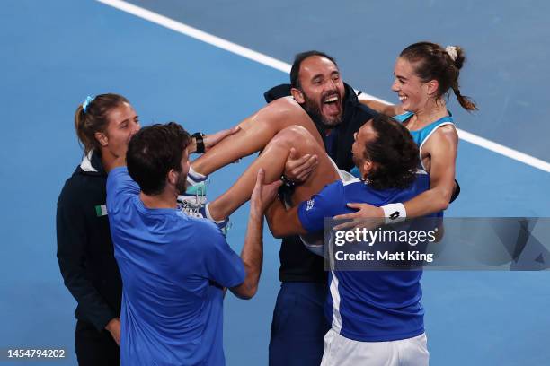 Lucia Bronzetti of Italy celebrates with team mates after winning match point in her semi final match against Valentini Grammatikopoulou of Greece...