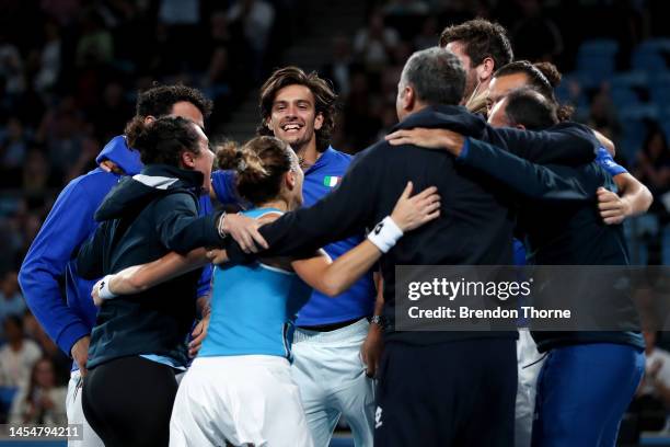 Lucia Bronzetti of Italy celebrates match point with her team mates following her semi final match against Valentini Grammatikopoulou of Greece...