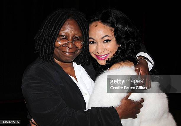 Producer Whoopi Goldberg and Raven Symone pose backstage at the hit musical "Sister Act" on Broadway at The Broadway Theater on May 30, 2012 in New...