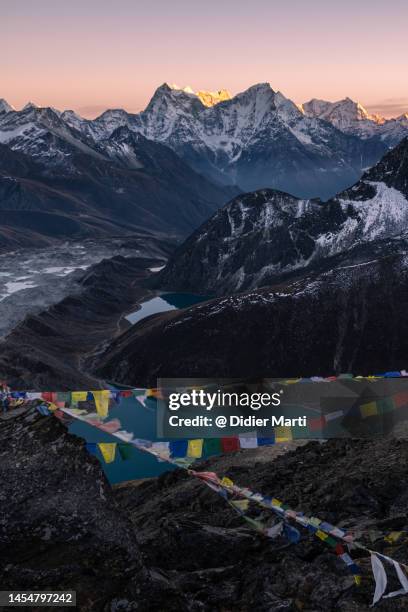 sunset over the himalayas from gokyo ri in nepal - nepal water stock pictures, royalty-free photos & images