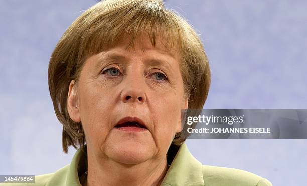 German chancellor Angela Merkel speaks during a press conference at the end of a Baltic Sea States Council summit to discuss energy and demographic...