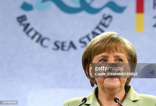 German chancellor Angela Merkel gives a press conference at the end of a Baltic Sea States Council summit to discuss energy and demographic issues on...