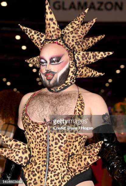 Drag queens walk the runway at a fashion show during the official opening ceremony of RuPaul's DragCon UK 2023 at ExCel London on January 06, 2023 in...