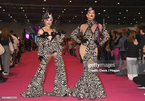 Drag queens walk the runway at a fashion show during the official opening ceremony of RuPaul's DragCon UK 2023 at ExCel London on January 06, 2023 in...