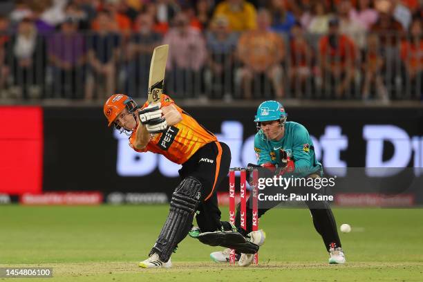 Cameron Bancroft of the Scorchers bats during the Men's Big Bash League match between the Perth Scorchers and the Brisbane Heat at Optus Stadium, on...