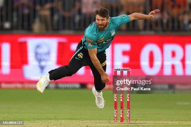 Michael Neser of the Heat bowls during the Men's Big Bash League match between the Perth Scorchers and the Brisbane Heat at Optus Stadium, on January...