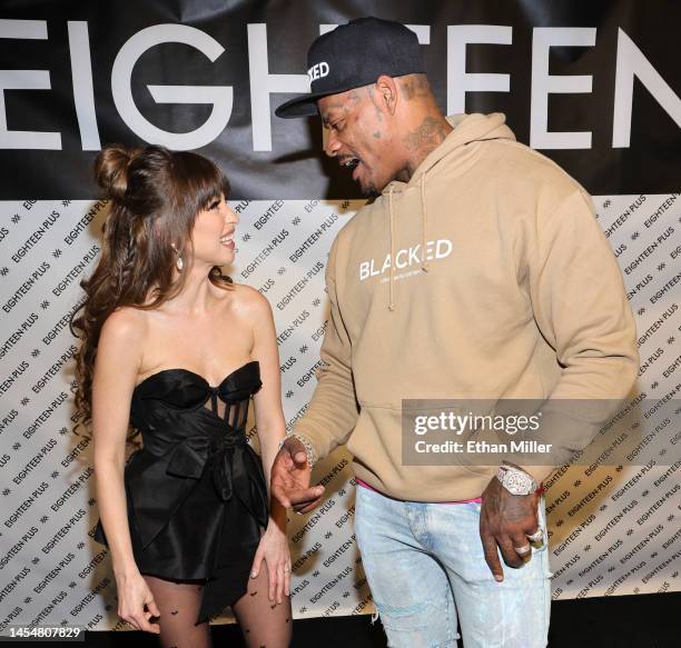 Adult film actress Riley Reid and adult film actor Jason Luv talk at the Vixen pop-up event, an activation alongside the 2023 AVN Adult Entertainment...