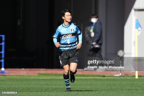 Yuma Taguchi of Okayama Gakugeikan celebrates scoring his team's first goal during the 101st All Japan High School Soccer Tournament semi final...