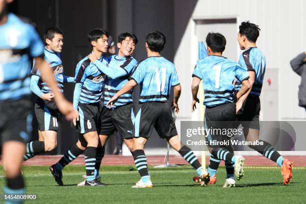 Yuma Taguchi of Okayama Gakugeikan celebrates scoring his team's first goal during the 101st All Japan High School Soccer Tournament semi final...